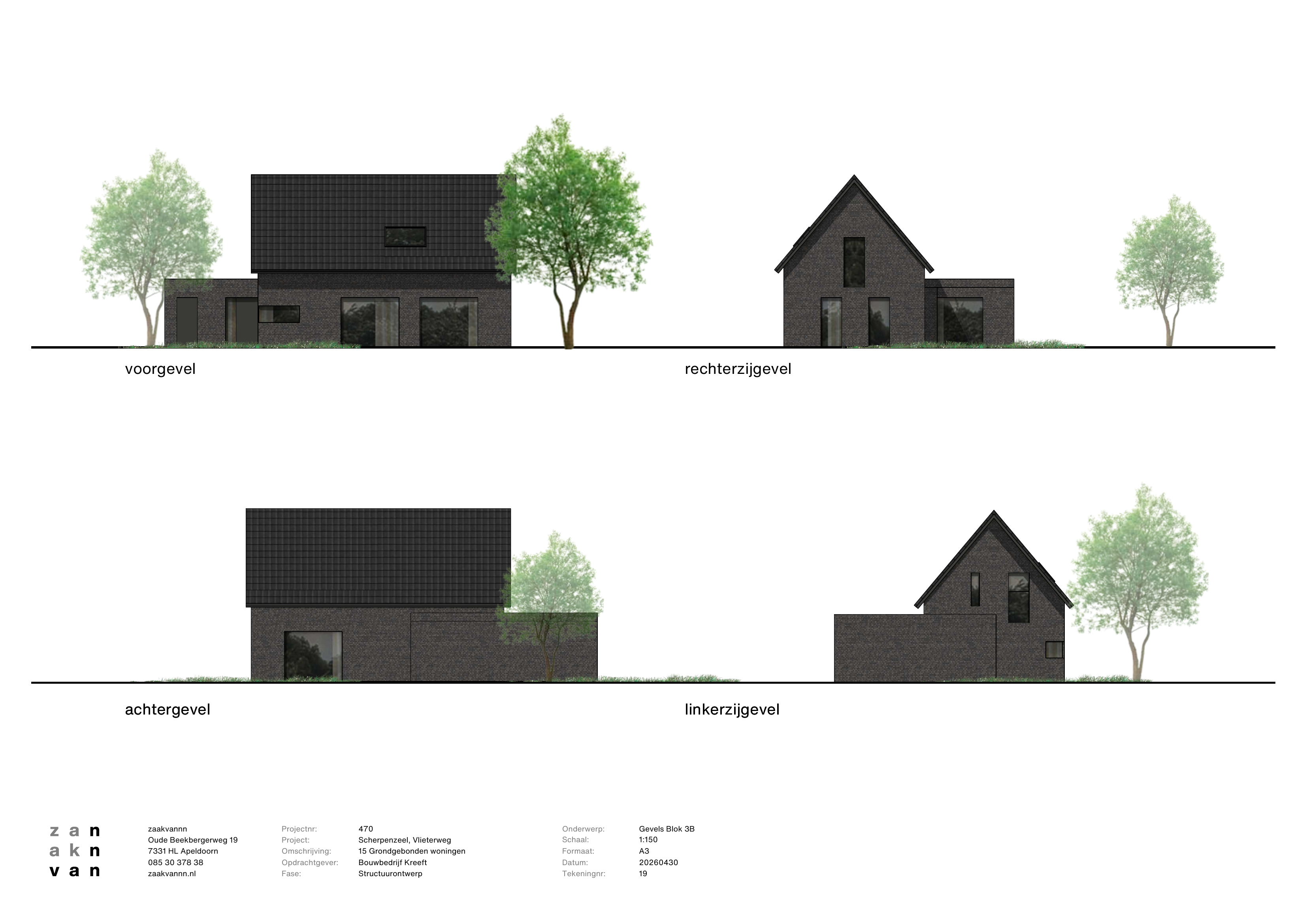 Voor-, achter-, linker- en rechterzijgevel van de vrijstaande woning van bouwblok 3B