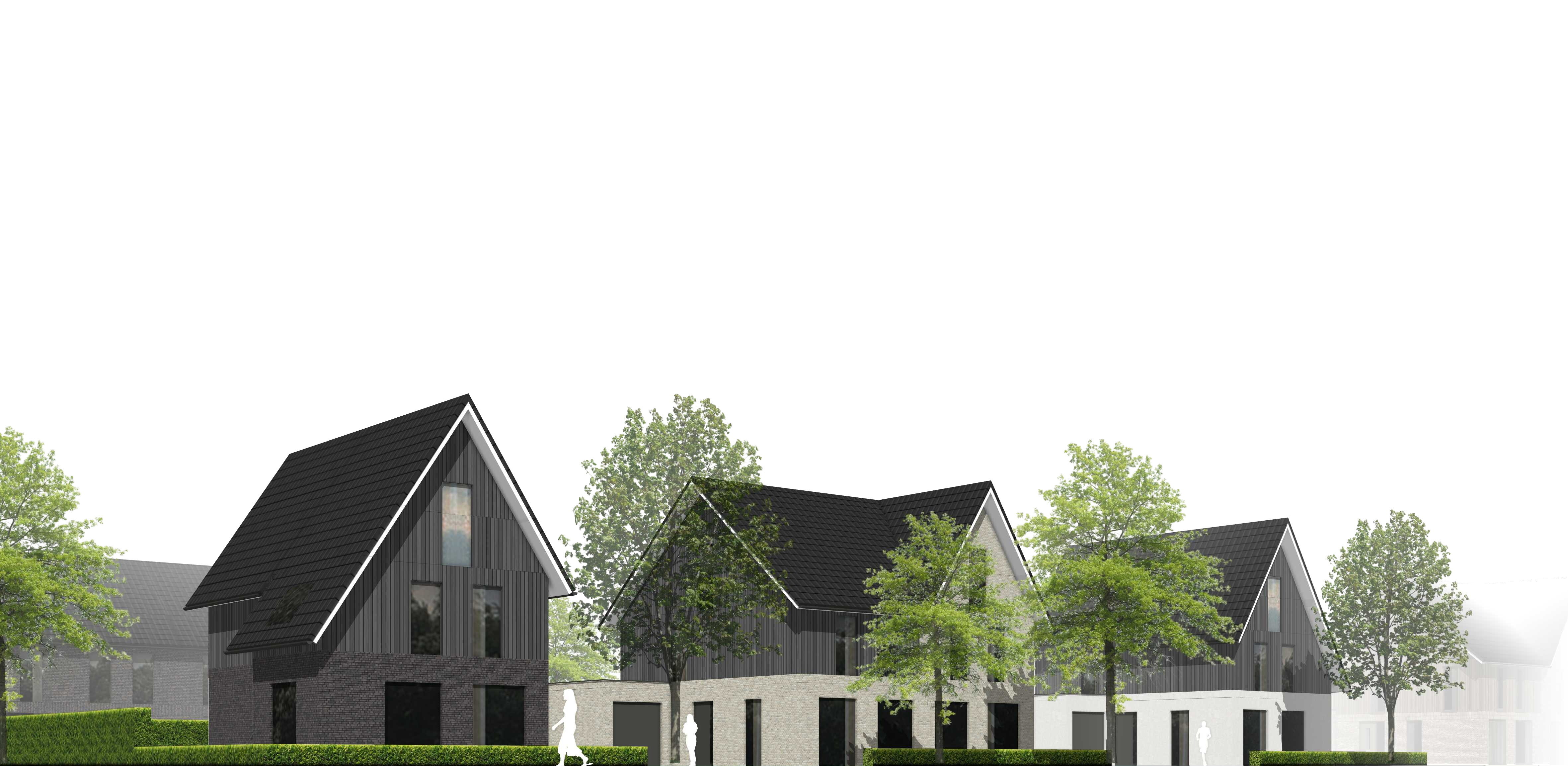 Straatbeeld van de woningen aan de laan met dwarskappen, witte accenten en een lage gootlijn