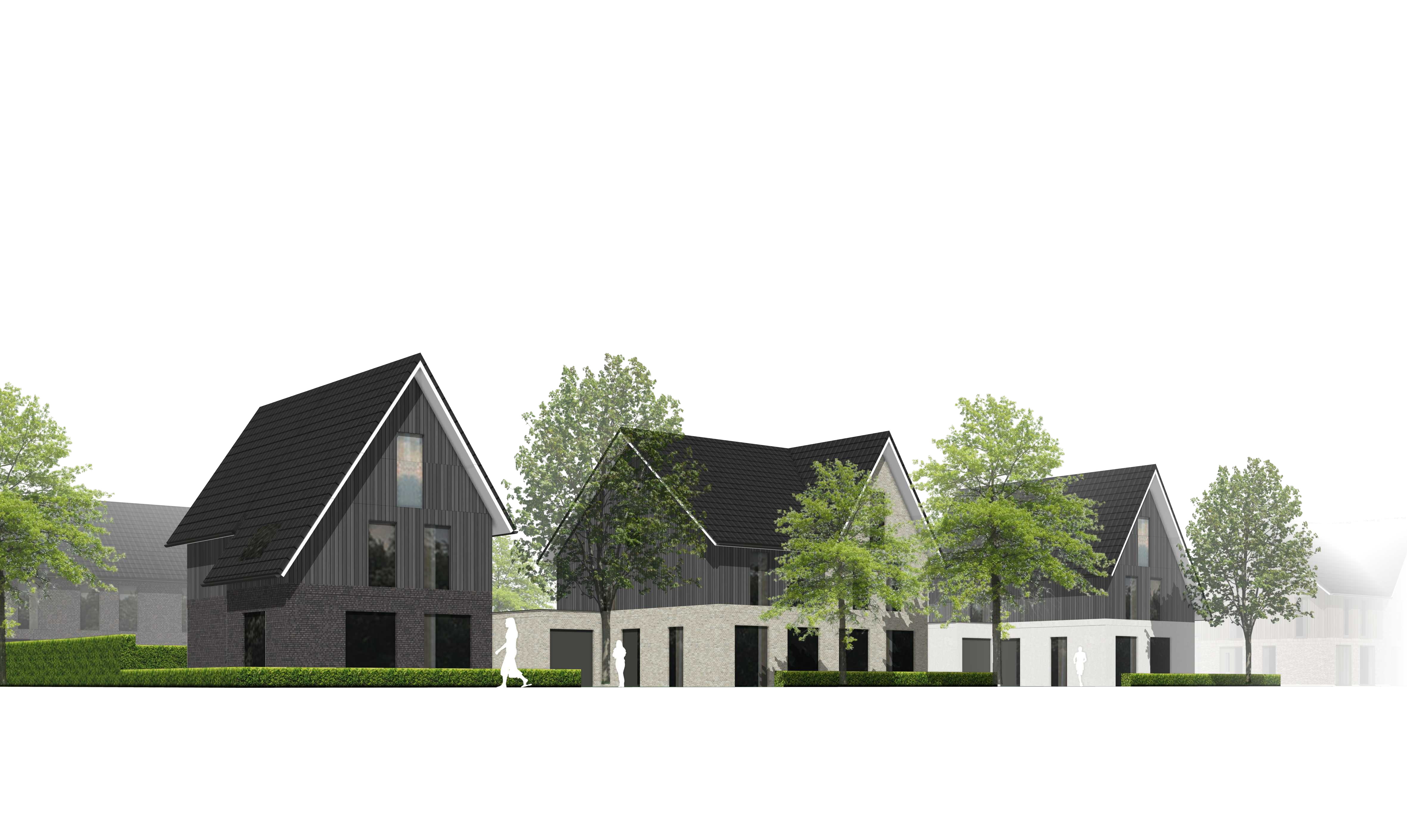 Straatbeeld van de woningen aan de laan met dwarskappen, witte accenten en een lage gootlijn