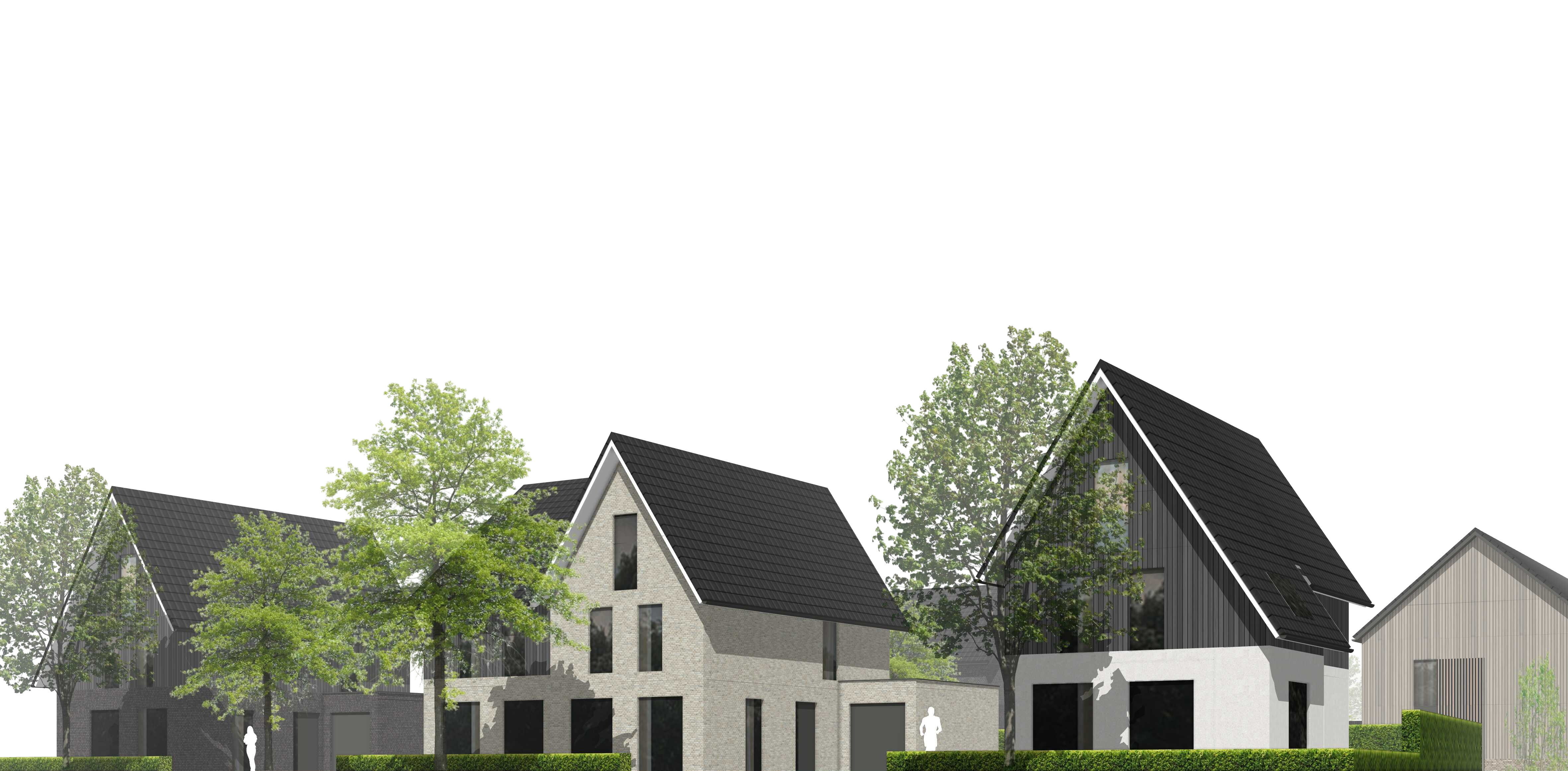 Tweede straatbeeld van de woningen aan de laan met witte gevels, zwarte rabatdelen en fraaie overstekken