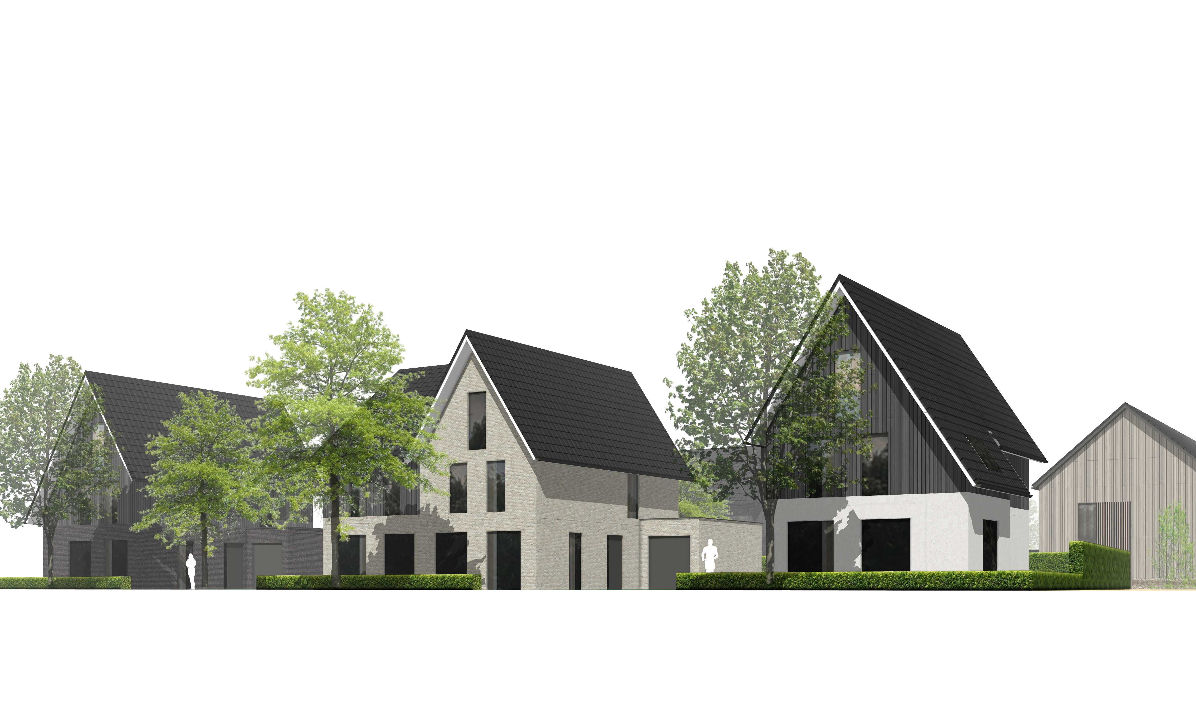Tweede straatbeeld van de woningen aan de laan met witte gevels, zwarte rabatdelen en fraaie overstekken
