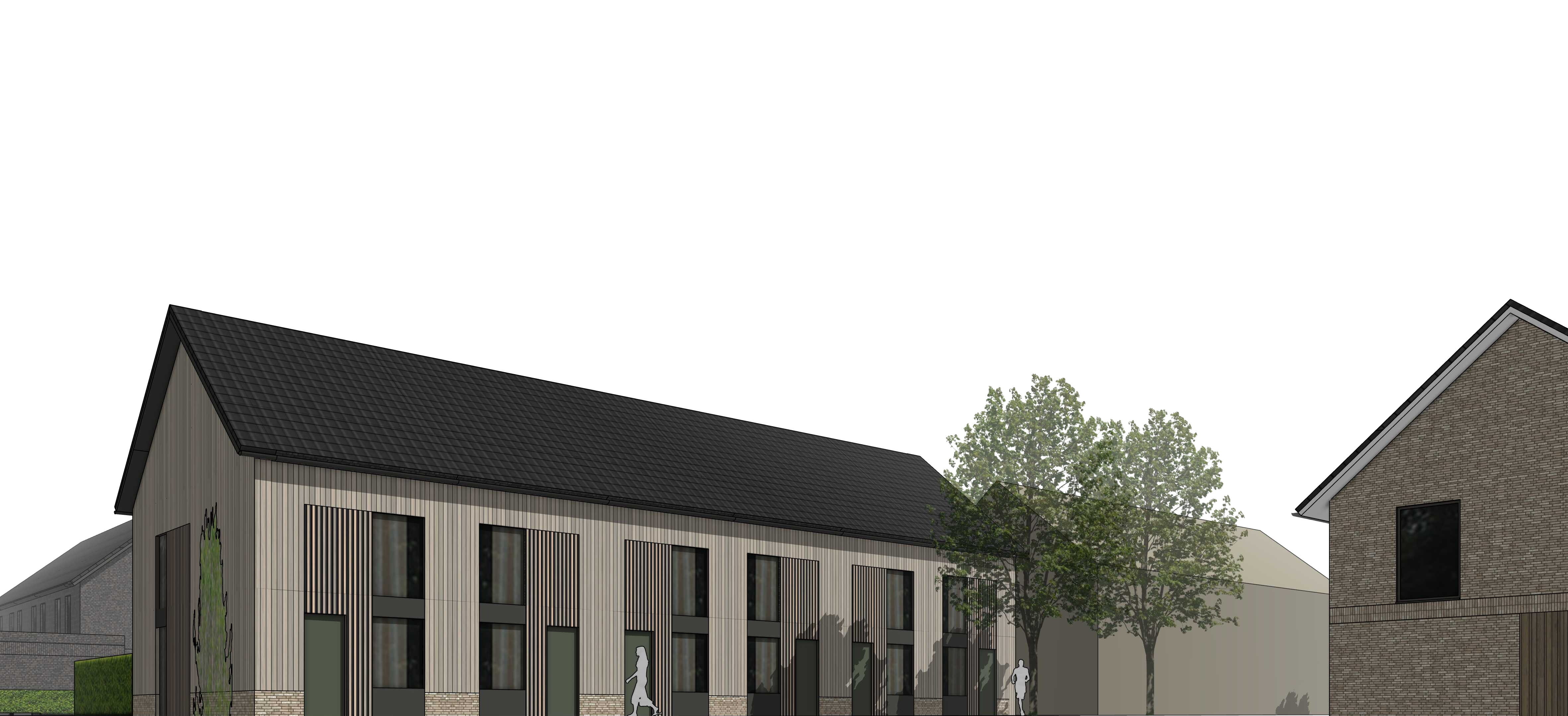 Rij woningen onder één kap met verticale houten gevelbekleding, in de sfeer van een erf