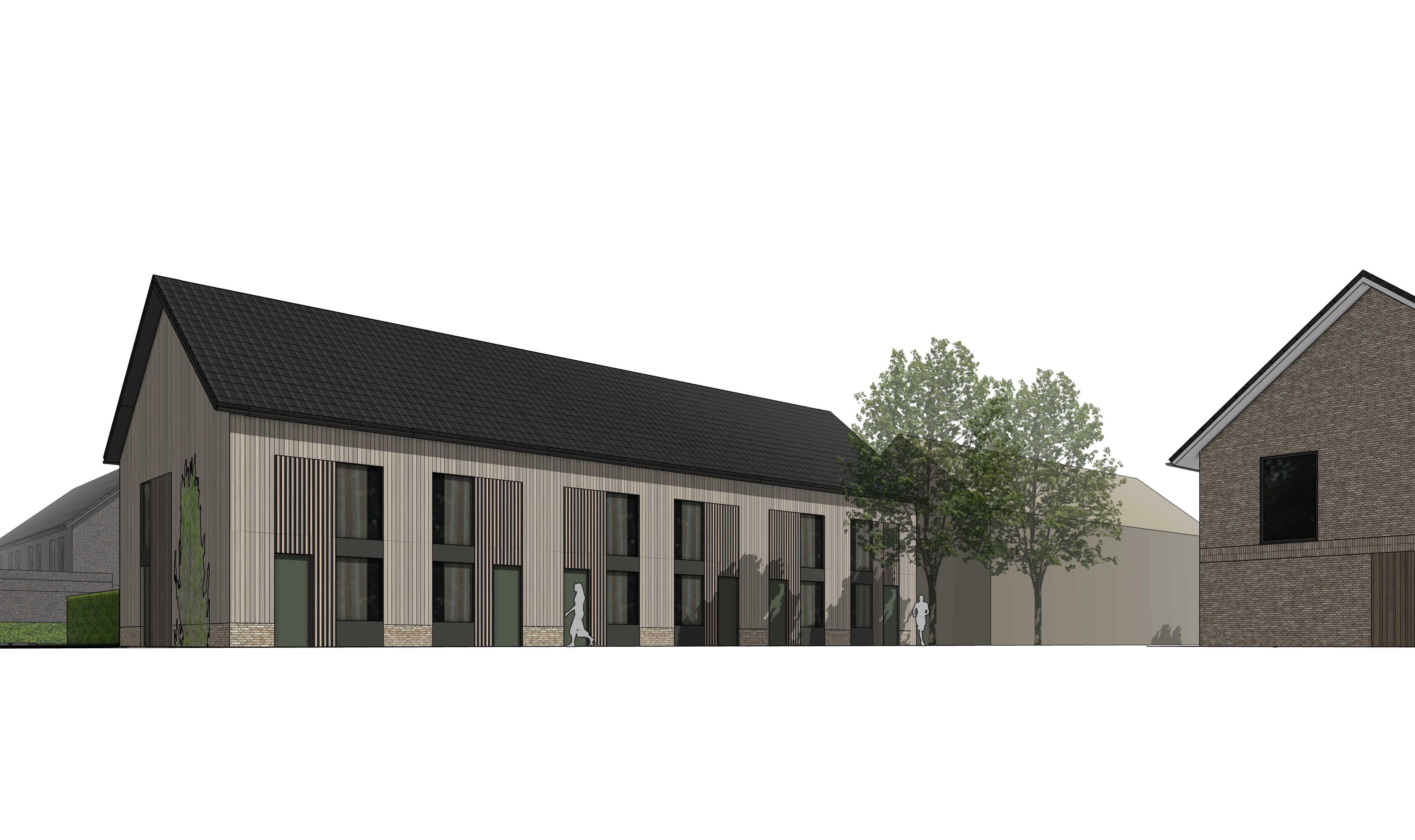 Rij woningen onder één kap met verticale houten gevelbekleding, in de sfeer van een erf