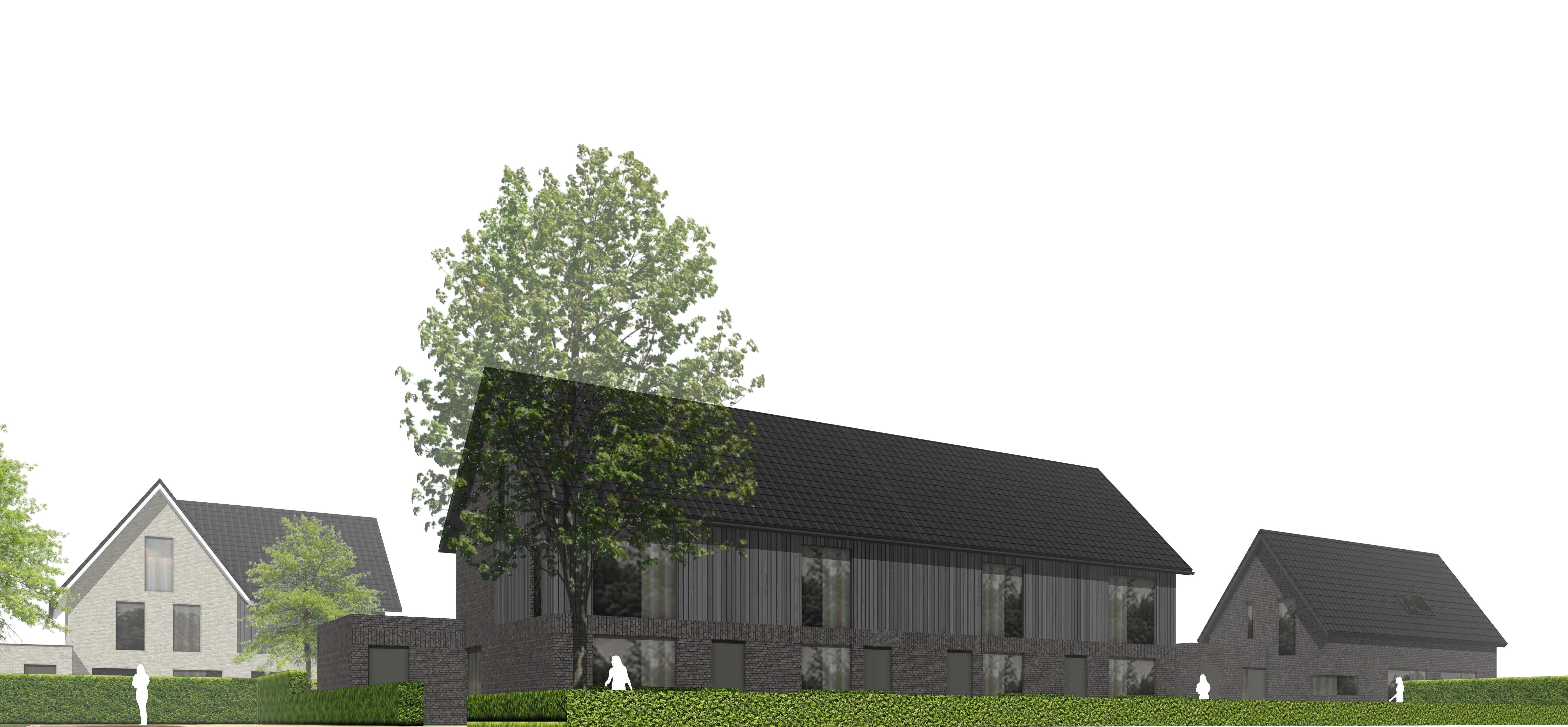 Woningen op het erf met een lange kap, zwarte rabatdelen en een vrijstaande woning ernaast