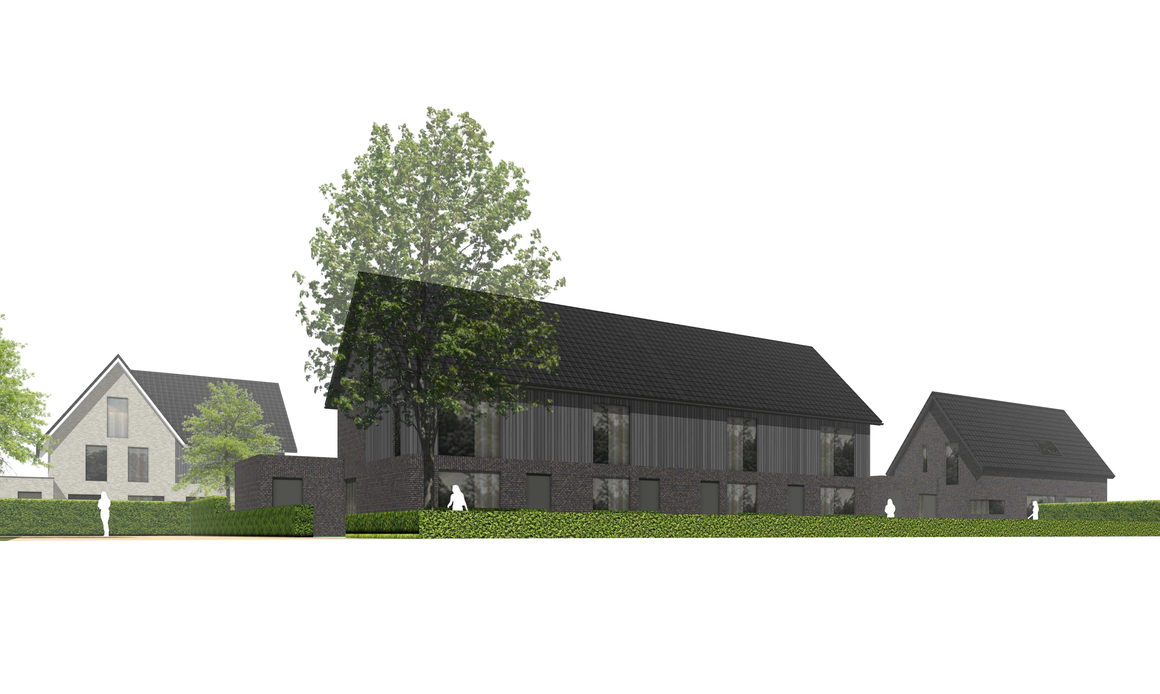 Woningen op het erf met een lange kap, zwarte rabatdelen en een vrijstaande woning ernaast