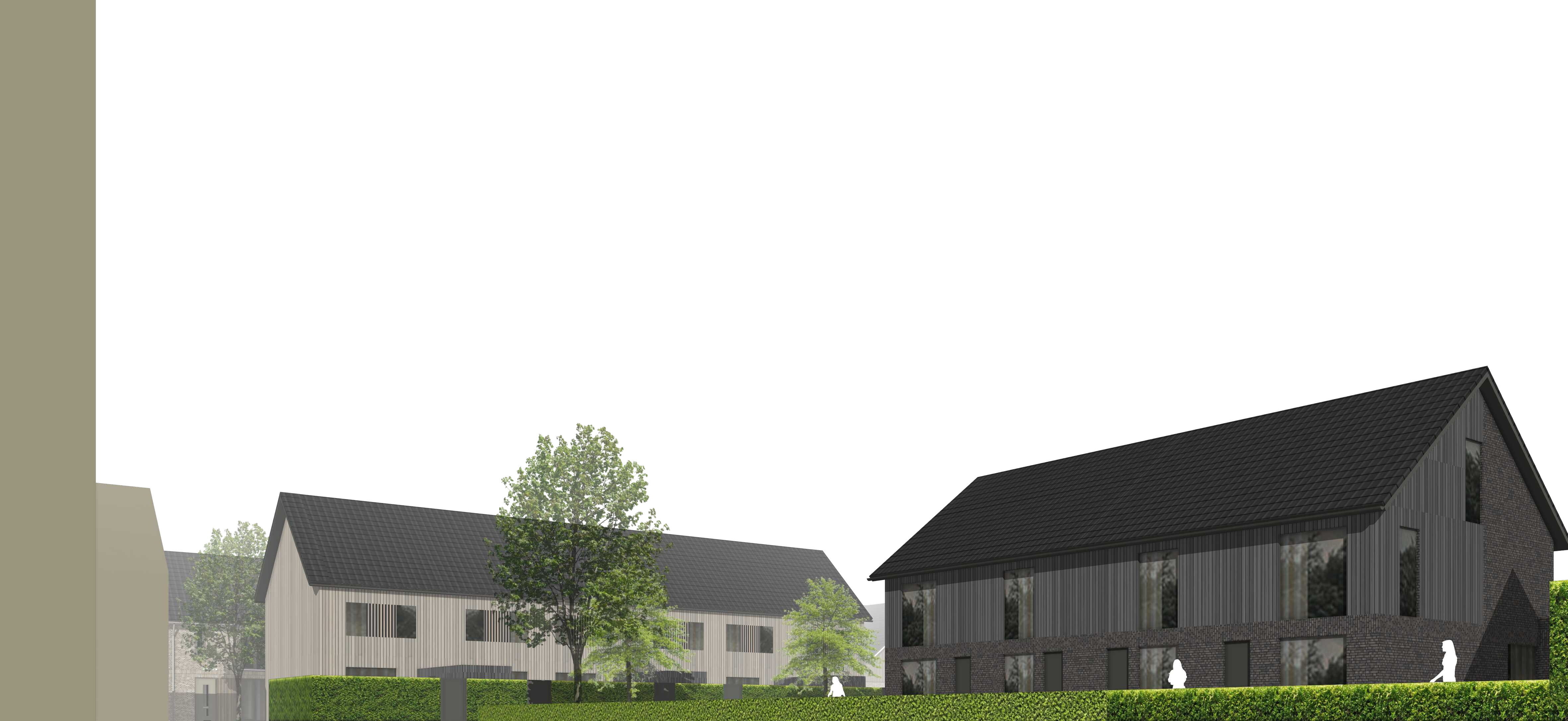 Tweede aanzicht van de woningen op het erf, met de lange kap en de losse woning aan de rand van het plan