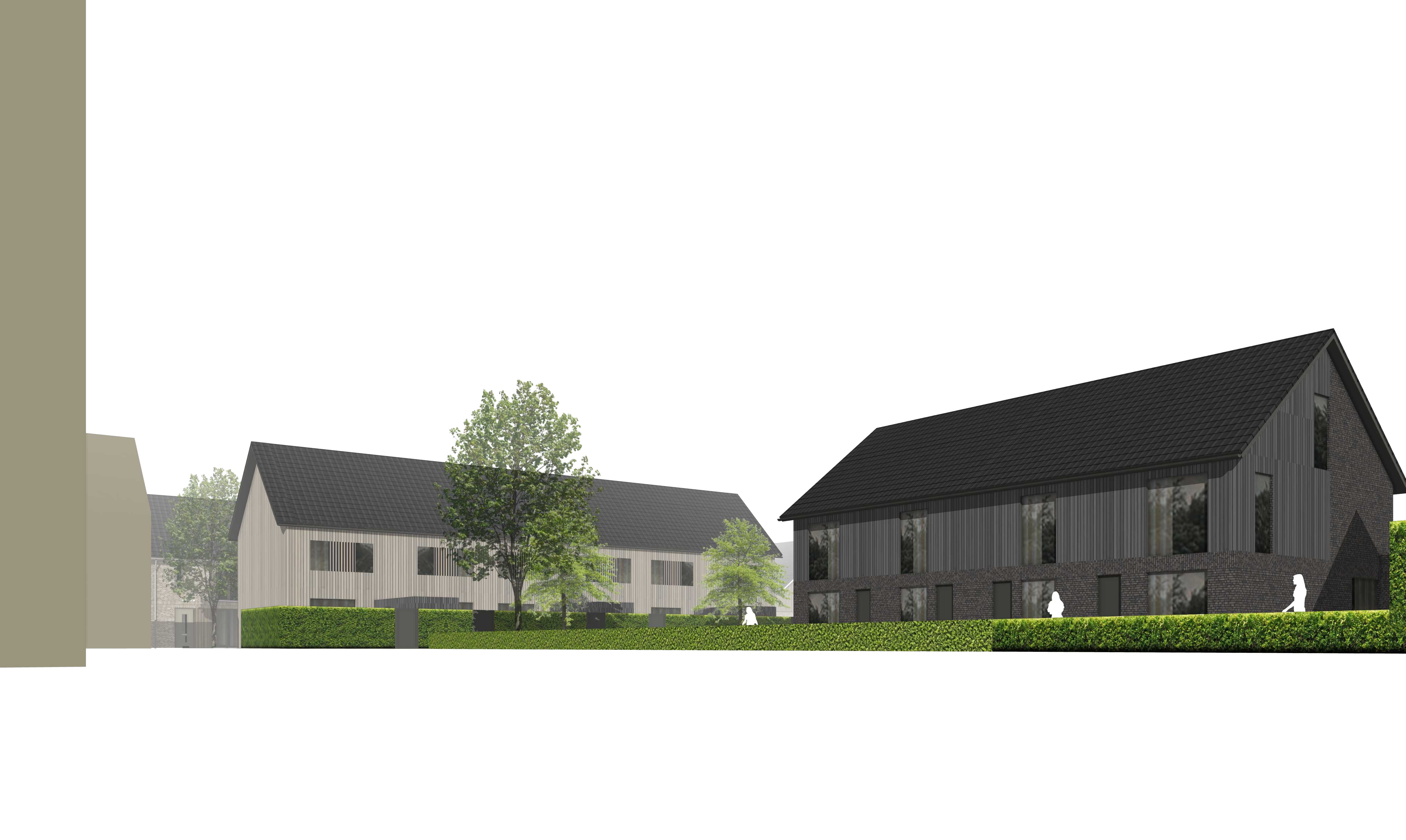 Tweede aanzicht van de woningen op het erf, met de lange kap en de losse woning aan de rand van het plan