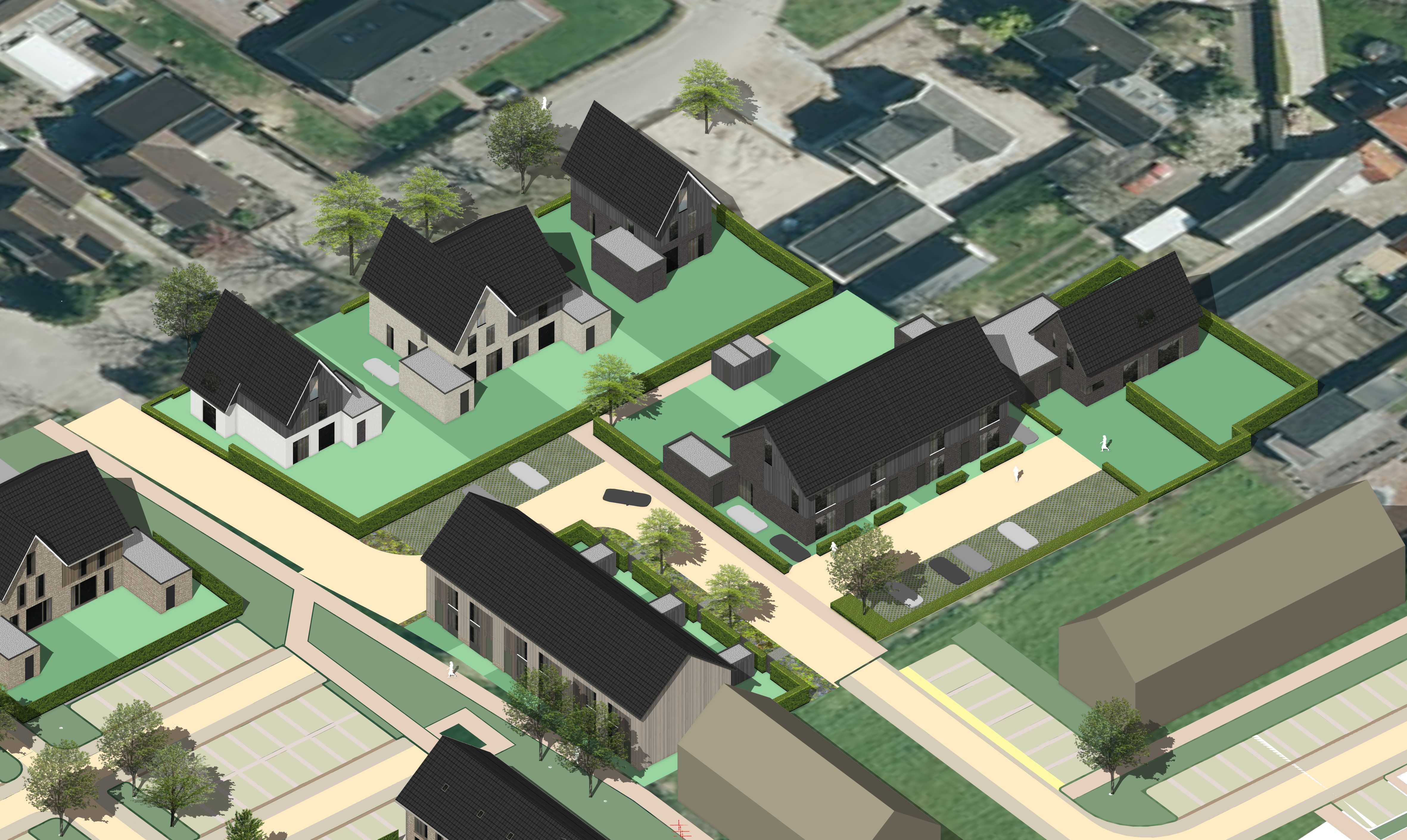Overzicht van het plan De Vlieter met alle vijftien woningen, tuinen en parkeerplaatsen