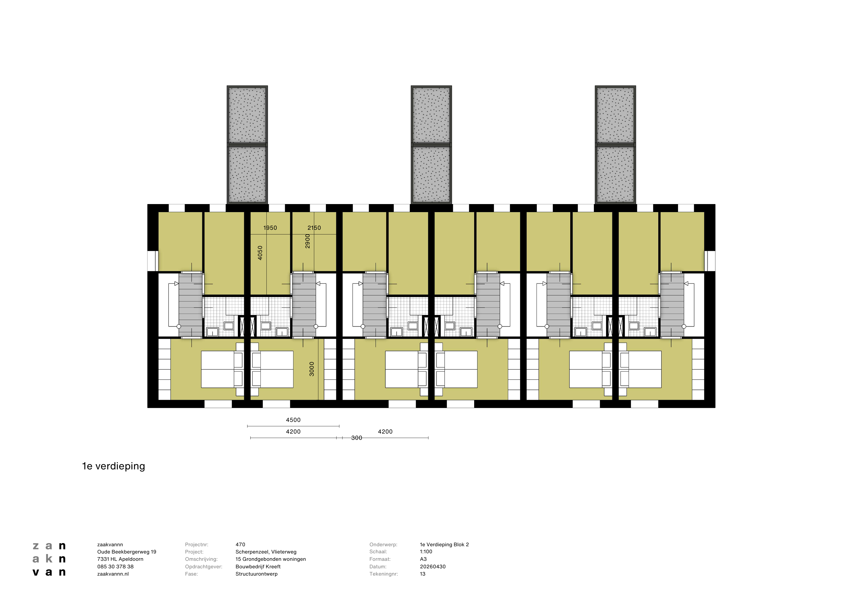Plattegrond van de eerste verdieping van de zes rijwoningen van bouwblok 2