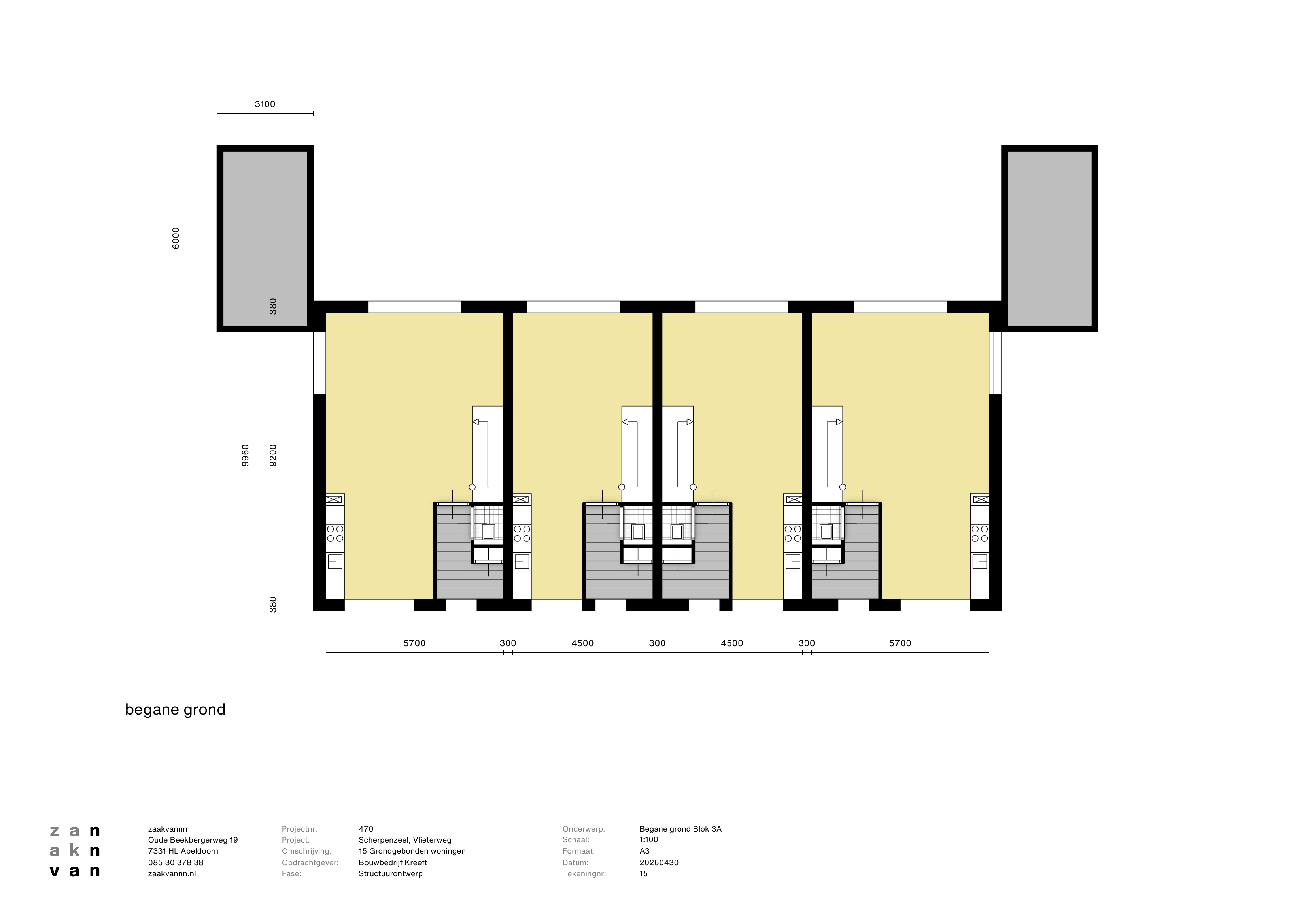 Plattegrond van de begane grond van bouwblok 3A met vier woningen