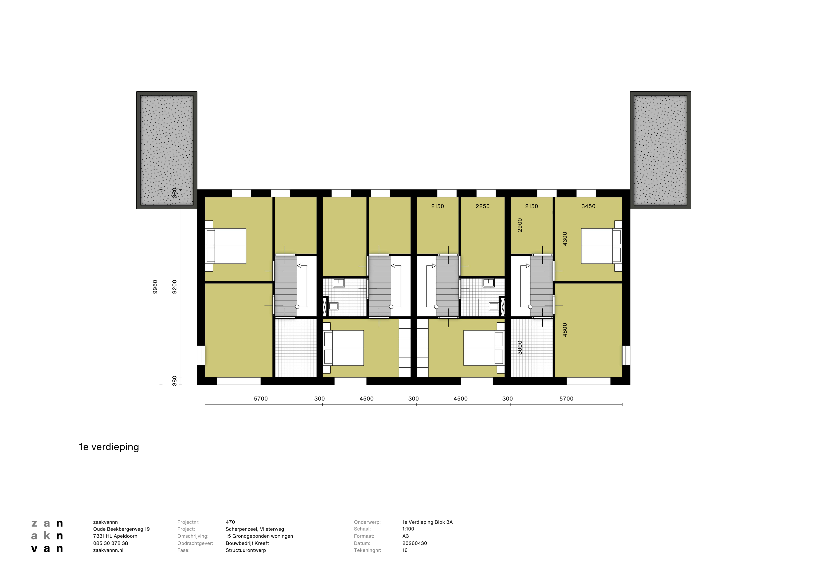 Plattegrond van de eerste verdieping van bouwblok 3A met vier woningen