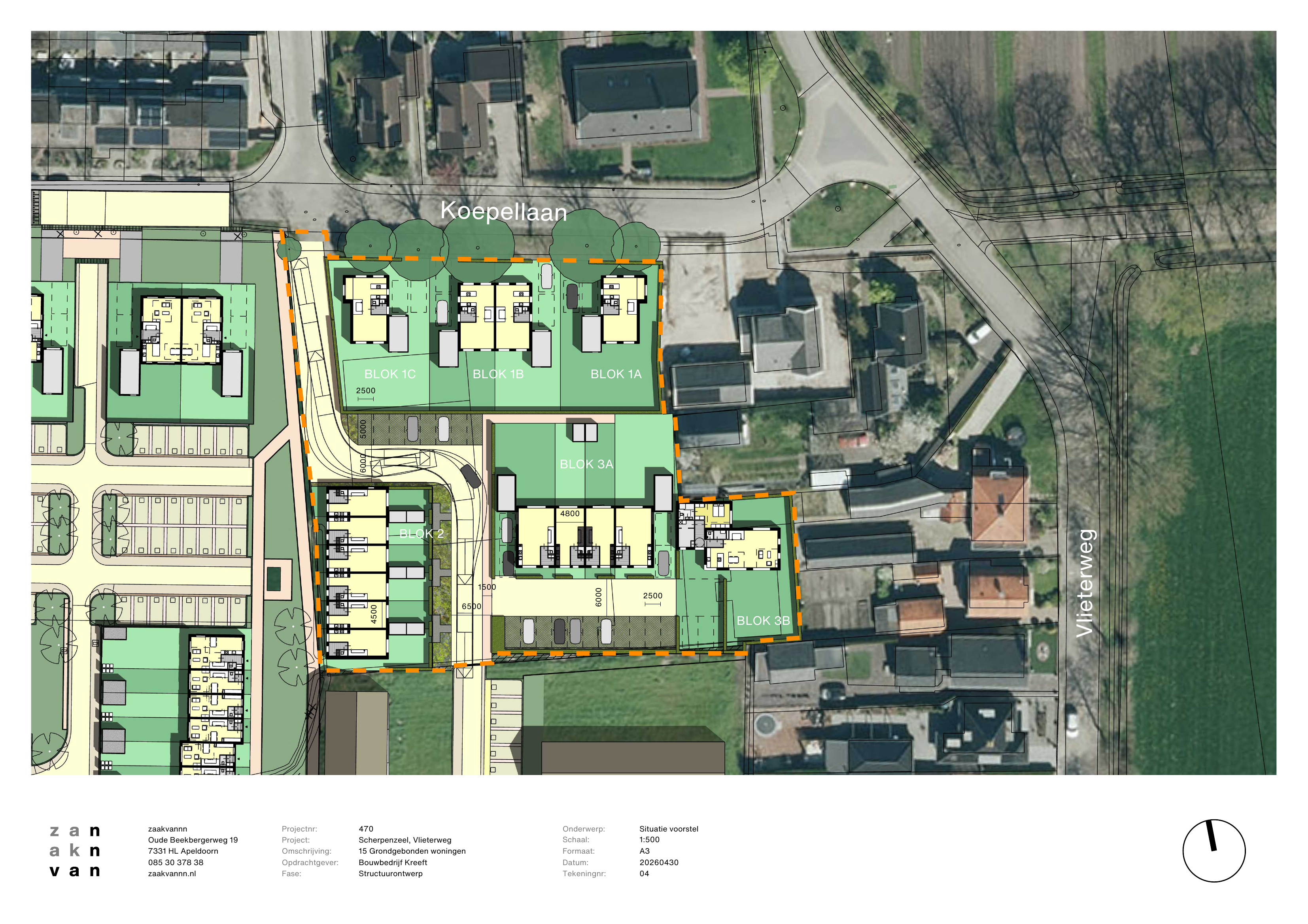 Situatietekening van de vijftien woningen met tuinen, opritten en parkeerplaatsen tussen de Koepellaan en de Vlieterweg