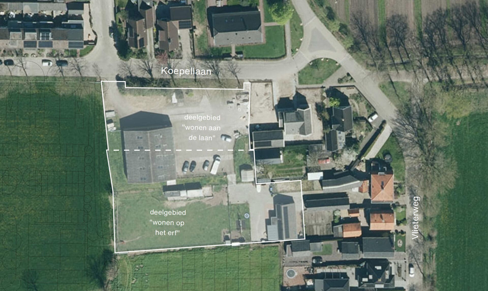 Luchtfoto van het plangebied De Vlieter tussen de Koepellaan en de Vlieterweg, met de deelgebieden wonen aan de laan en wonen op het erf